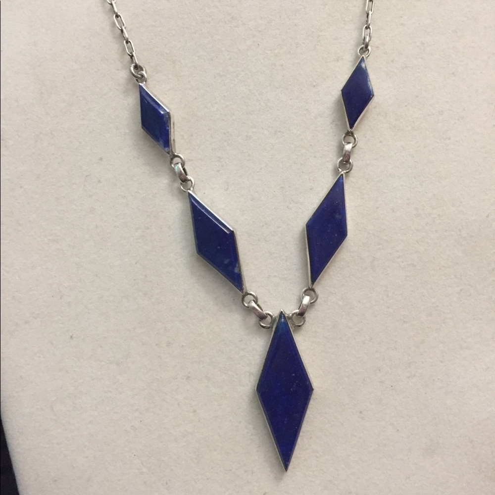 Vintage South American lapis diamond 925 silver necklace - Picture 2 of 8